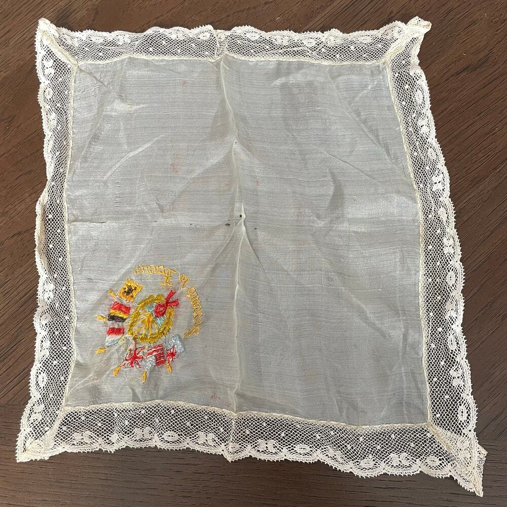 Vintage WWI Souvenir of France Handkerchief Embroider Silk? Lace Edge FLAWED - Picture 1 of 12